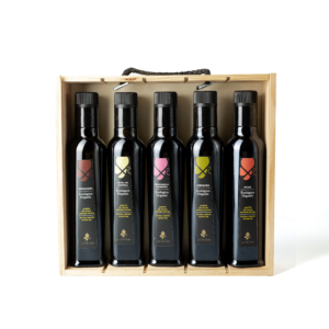 Wooden gift set containing our 5 extra virgin olive oils
